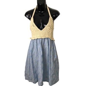 Zara Womens Bloggers Favorite Crochet Halter Eyelet Mini Dress Blue Size L NWT